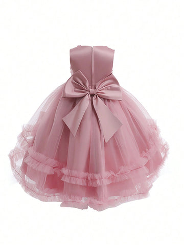 Young Girl Appliques Bow Front Mesh Hem Party Dress