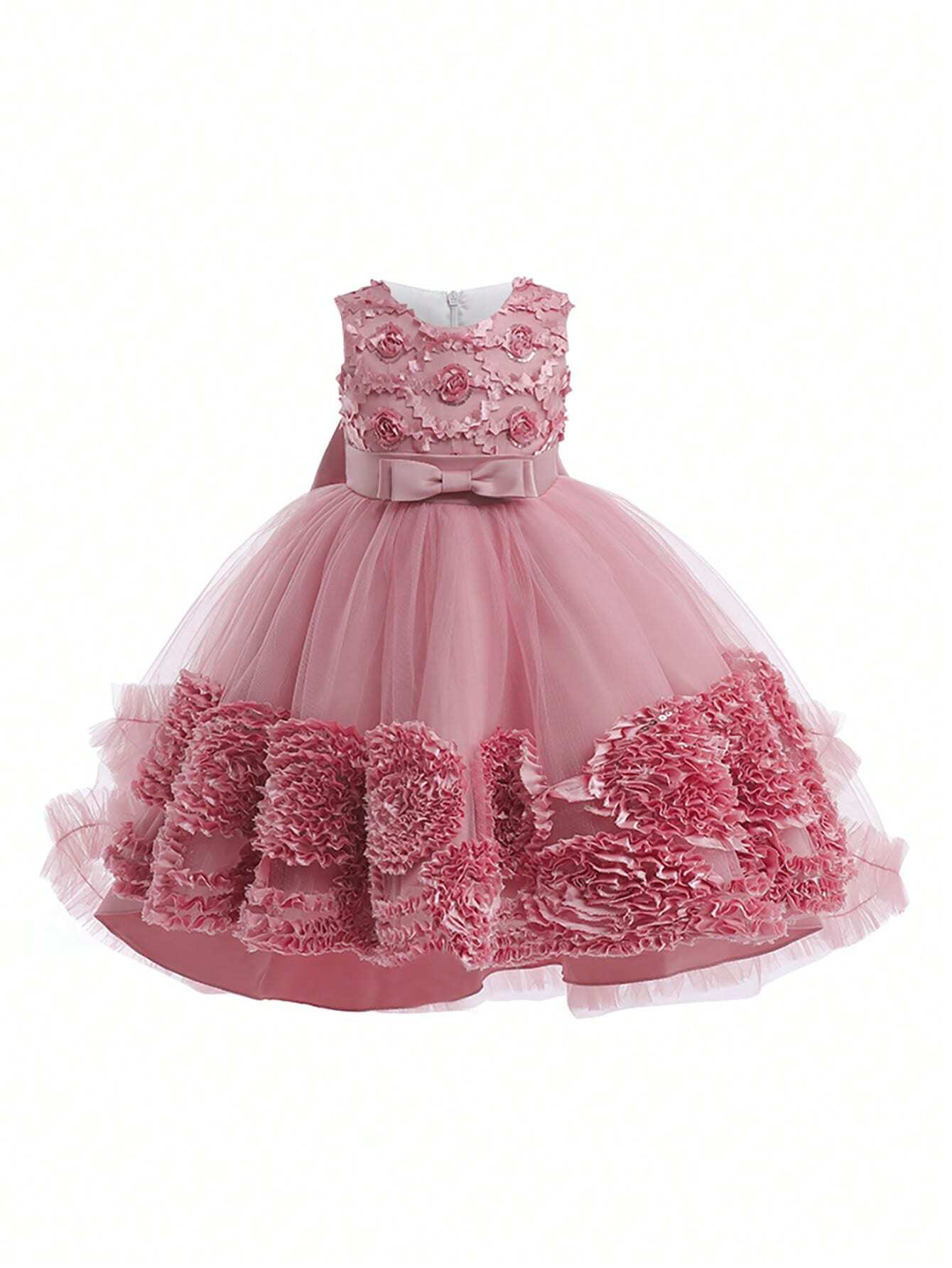 Young Girl Appliques Bow Front Mesh Hem Party Dress