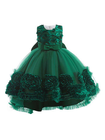 Young Girl Appliques Bow Front Mesh Hem Party Dress