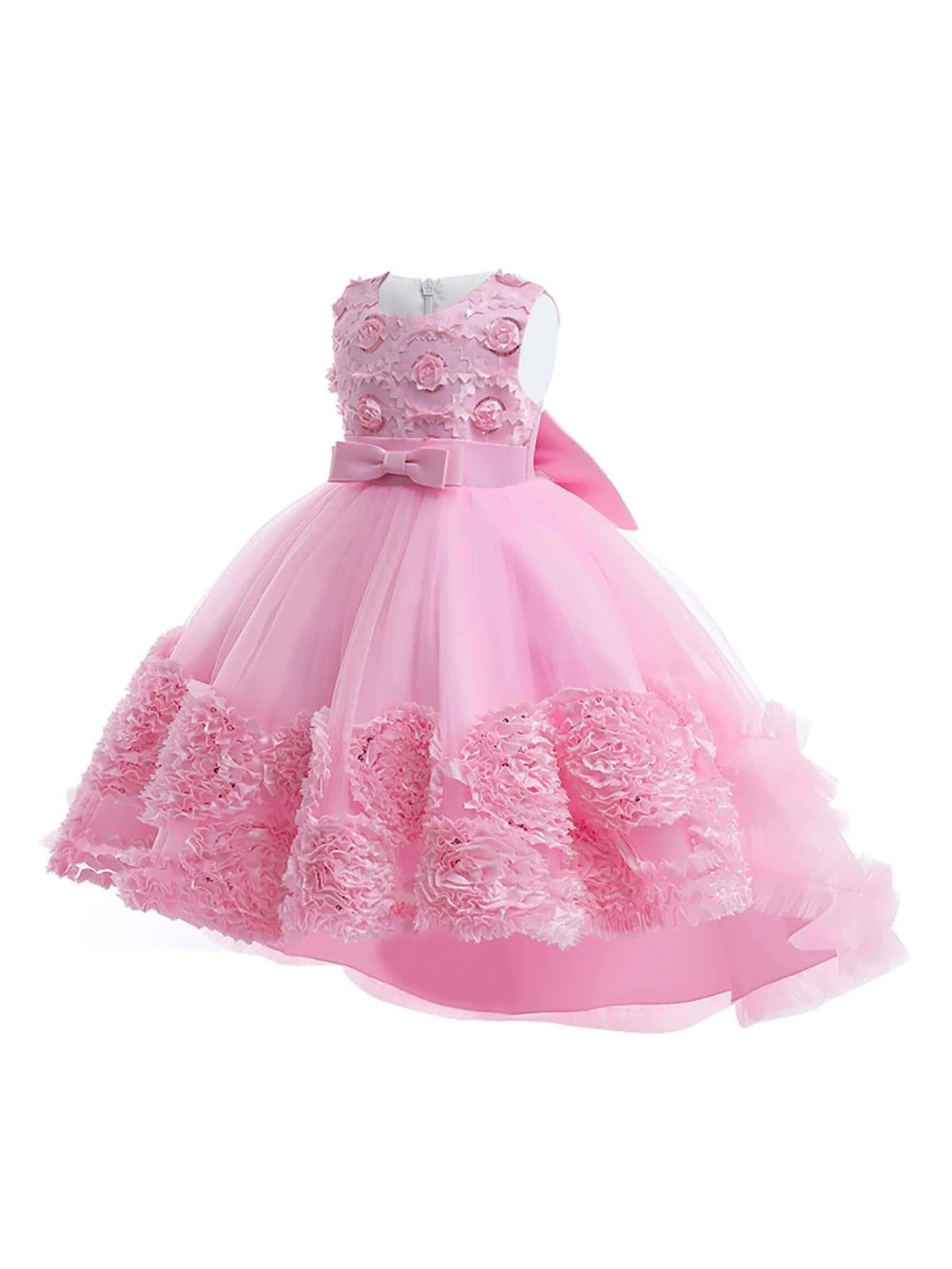 Young Girl Appliques Bow Front Mesh Hem Party Dress