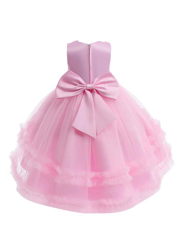 Young Girl Appliques Bow Front Mesh Hem Party Dress