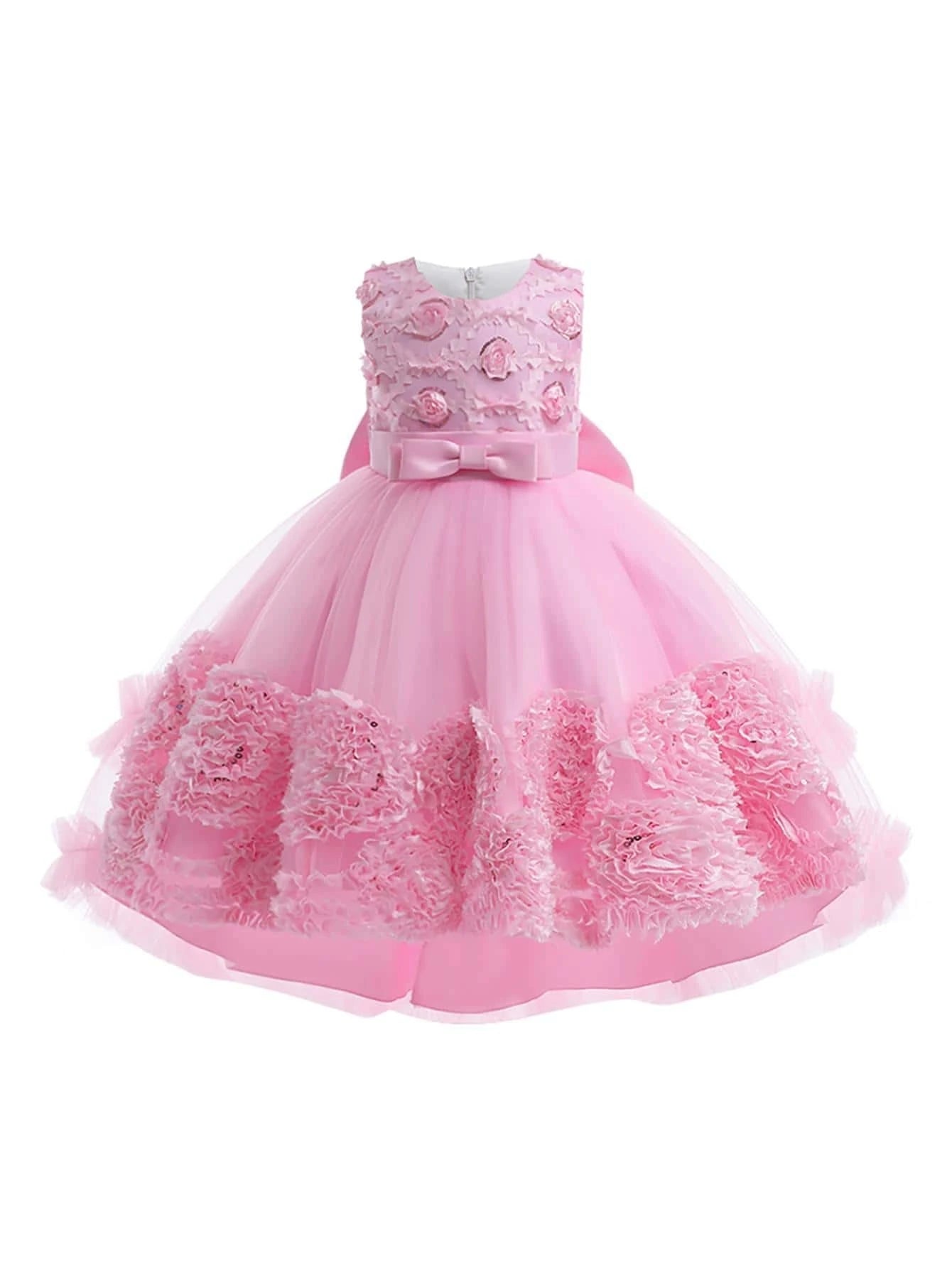 Young Girl Appliques Bow Front Mesh Hem Party Dress