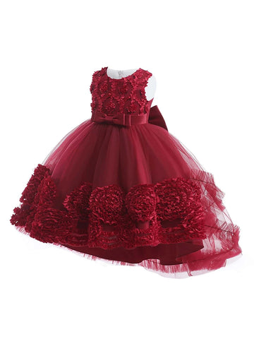 Young Girl Appliques Bow Front Mesh Hem Party Dress