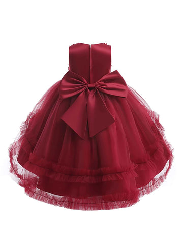 Young Girl Appliques Bow Front Mesh Hem Party Dress