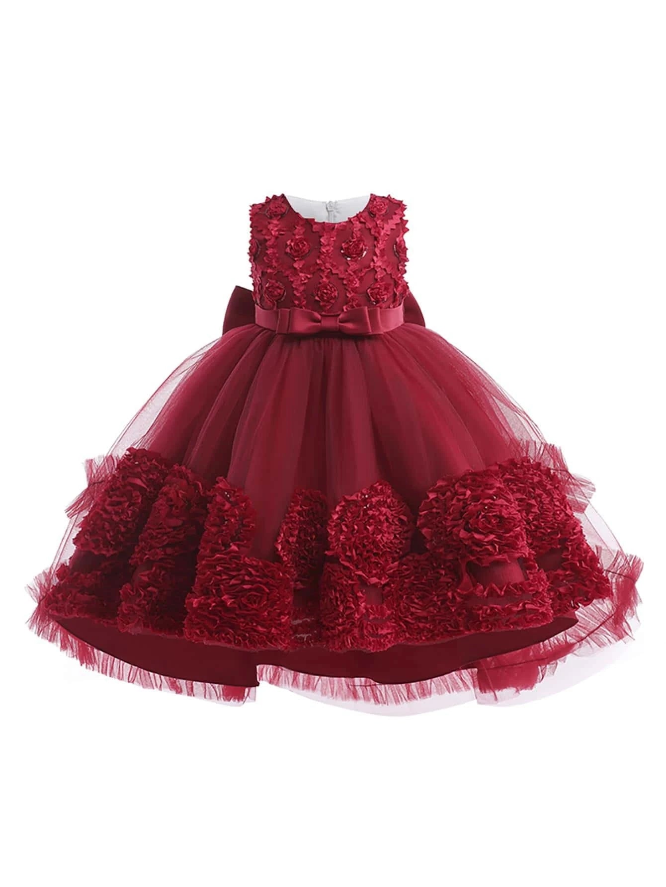 Young Girl Appliques Bow Front Mesh Hem Party Dress