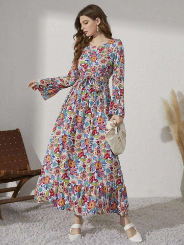 Allover Floral Print Belted Dress