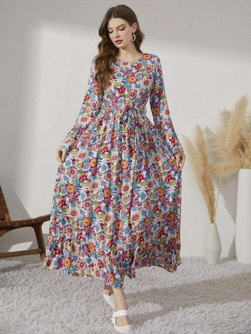 Allover Floral Print Belted Dress