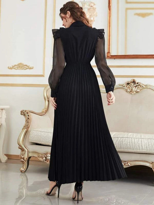 Contrast Mesh Ruffle Trim Pleated Hem Dress