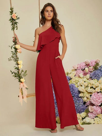 One Shoulder Ruffle Trim Wide Leg Jumpsuit