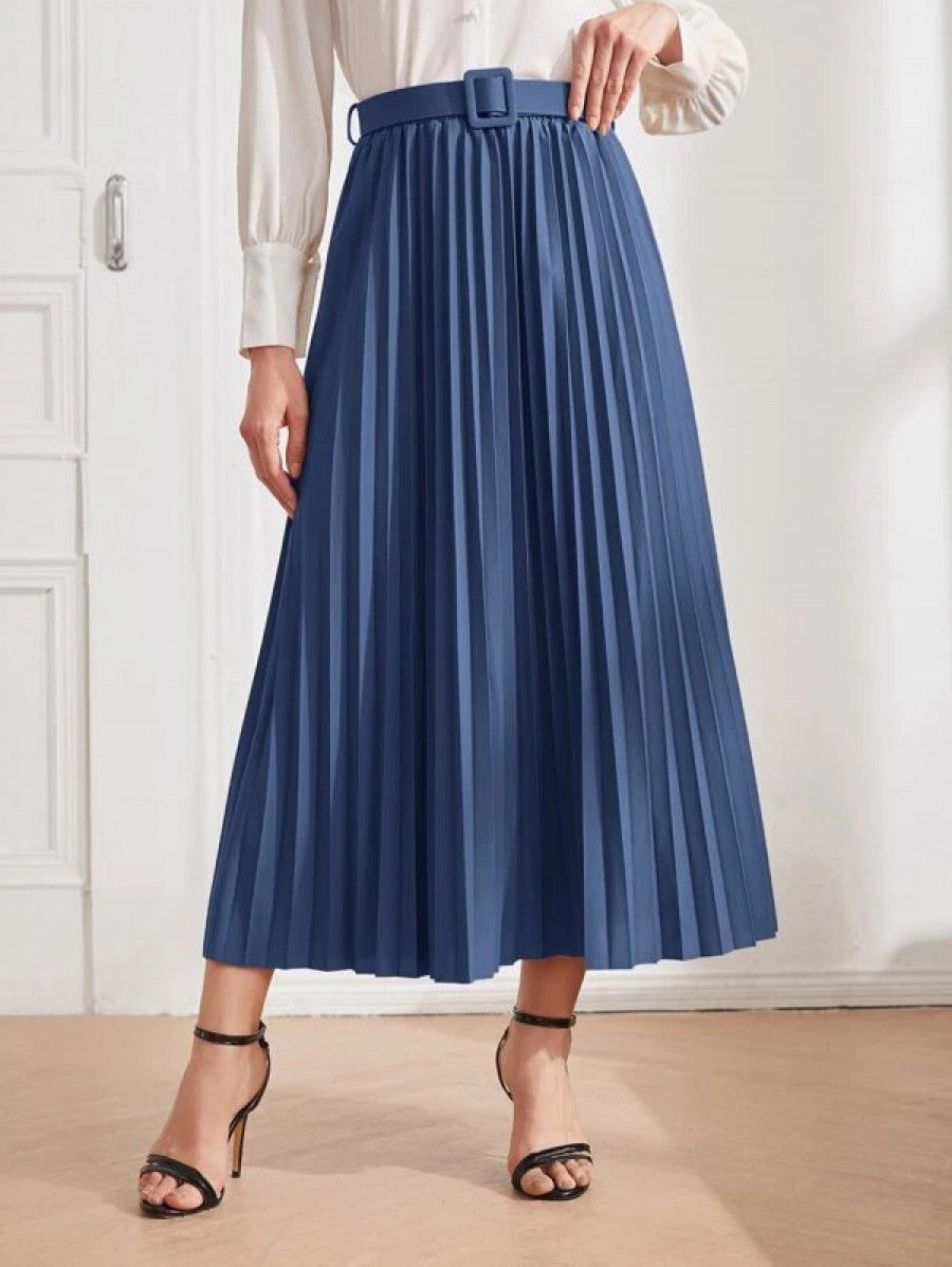 Solid Belted Pleated Skirt