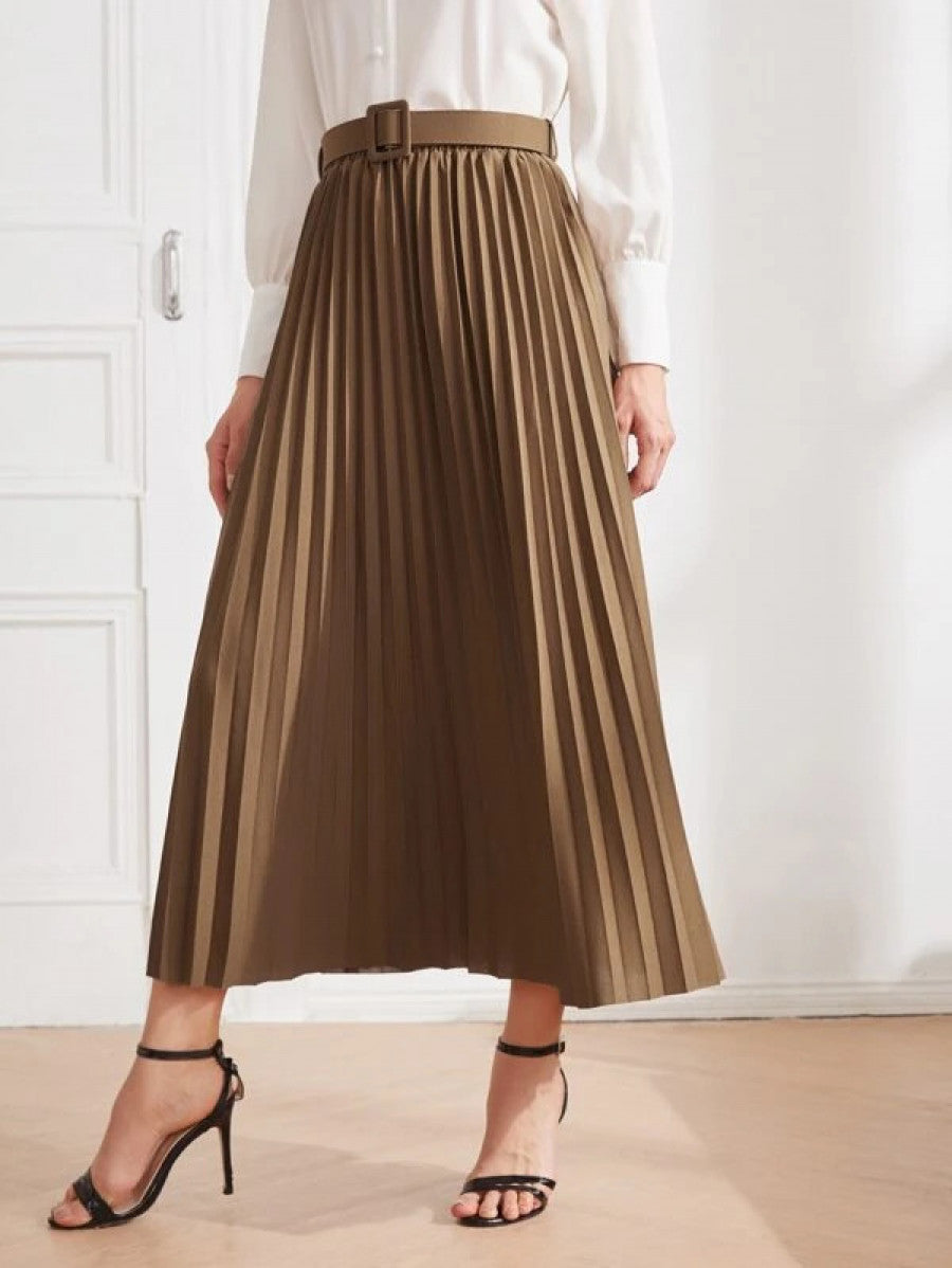 Solid Belted Pleated Skirt