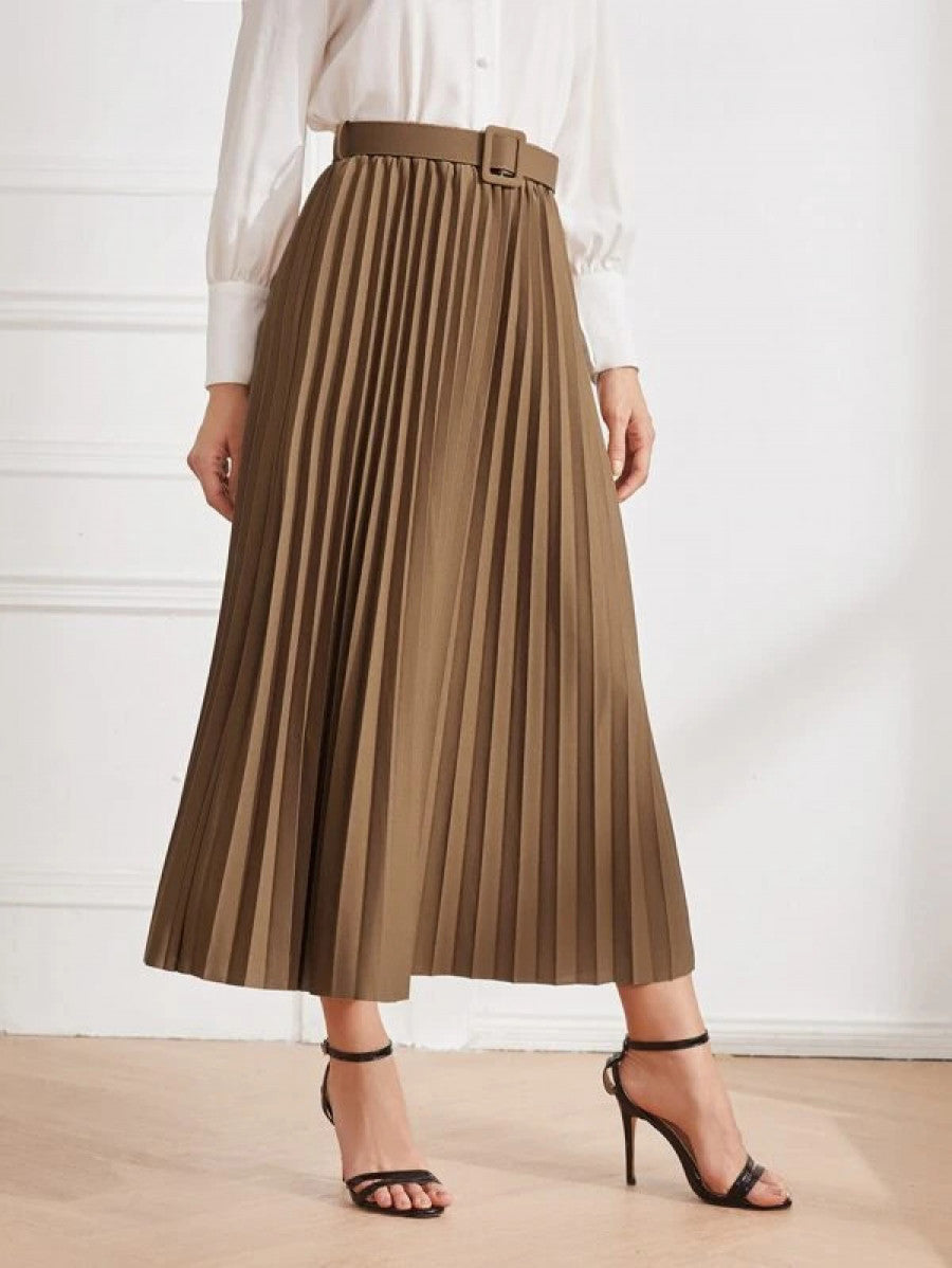 Solid Belted Pleated Skirt