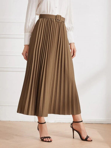 Solid Belted Pleated Skirt