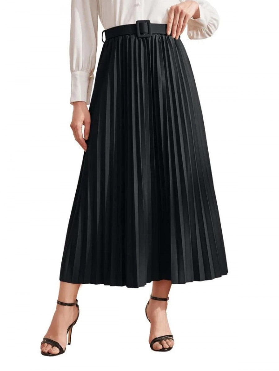 Solid Belted Pleated Skirt