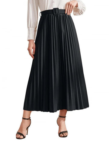 Solid Belted Pleated Skirt