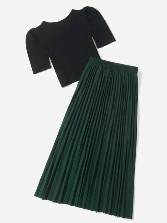 Solid Rib Knit Crop Tee & Pleated Skirt