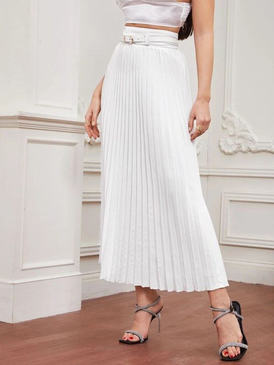 Solid High Waist Belted Pleated Skirt