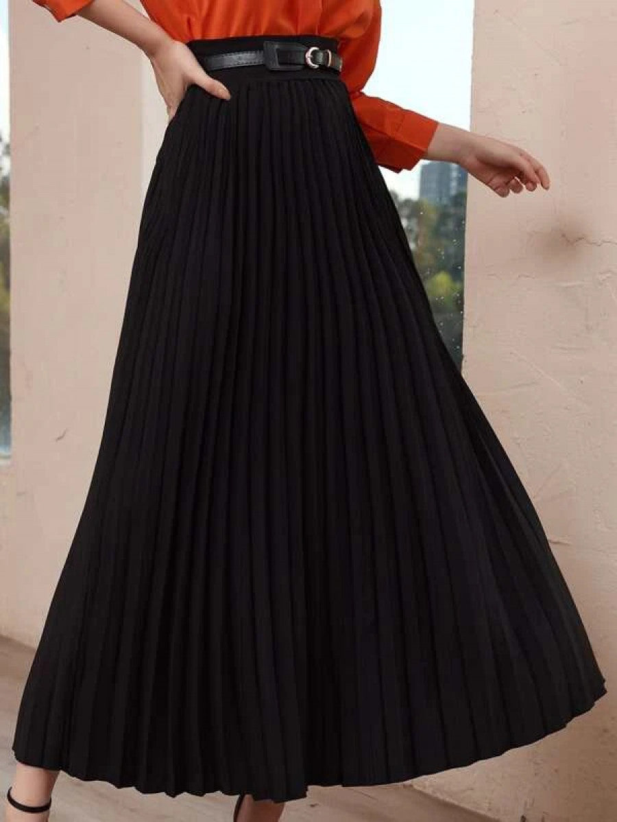 Solid High Waist Belted Pleated Skirt