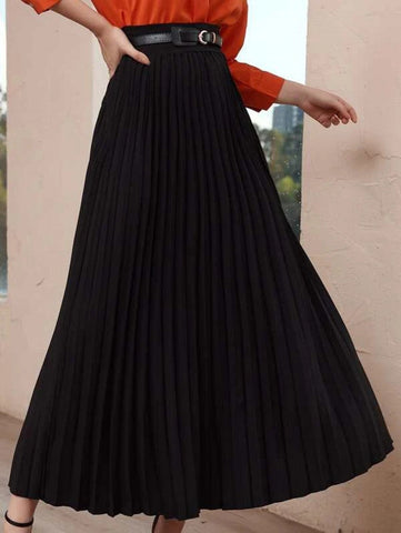 Solid High Waist Belted Pleated Skirt