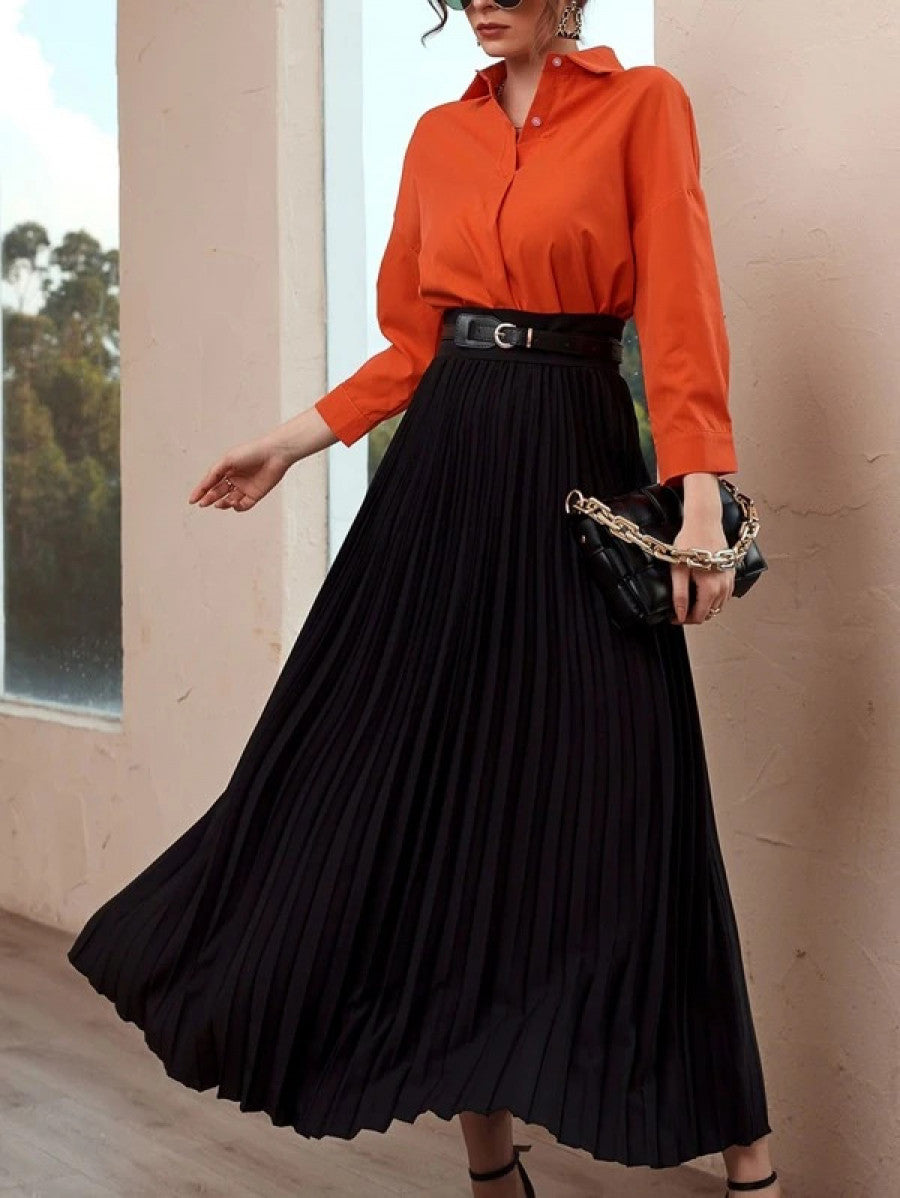 Solid High Waist Belted Pleated Skirt