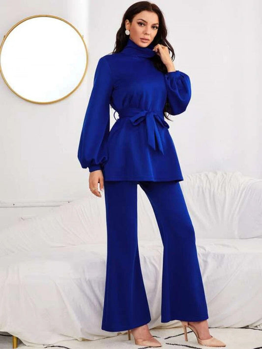 High Neck Lantern Sleeve Belted Top & Flare Leg Pants