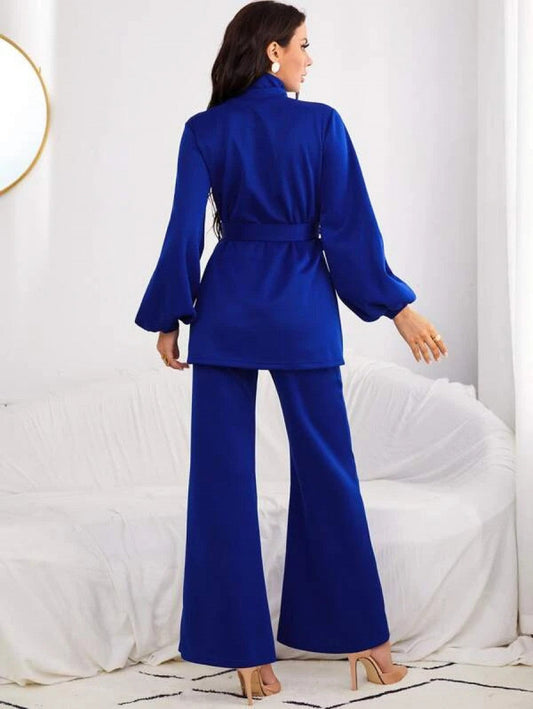 High Neck Lantern Sleeve Belted Top & Flare Leg Pants