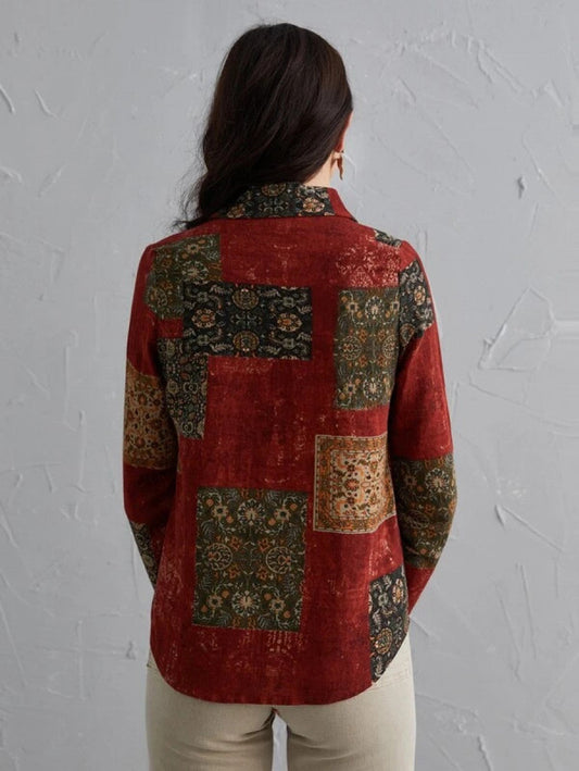 Scarf Print Curved Hem Button Front Blouse