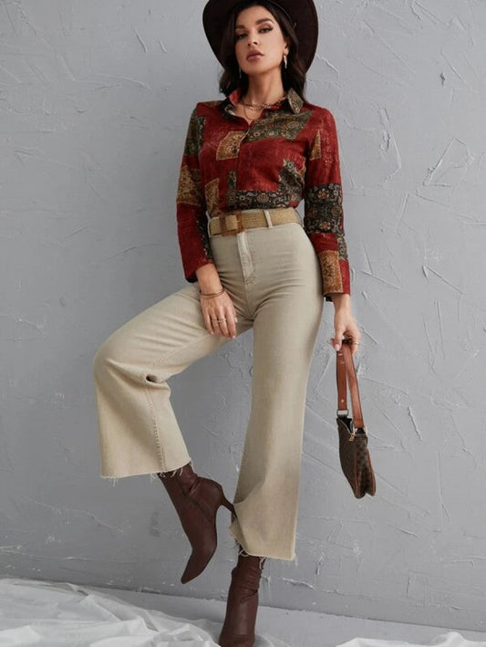 Scarf Print Curved Hem Button Front Blouse