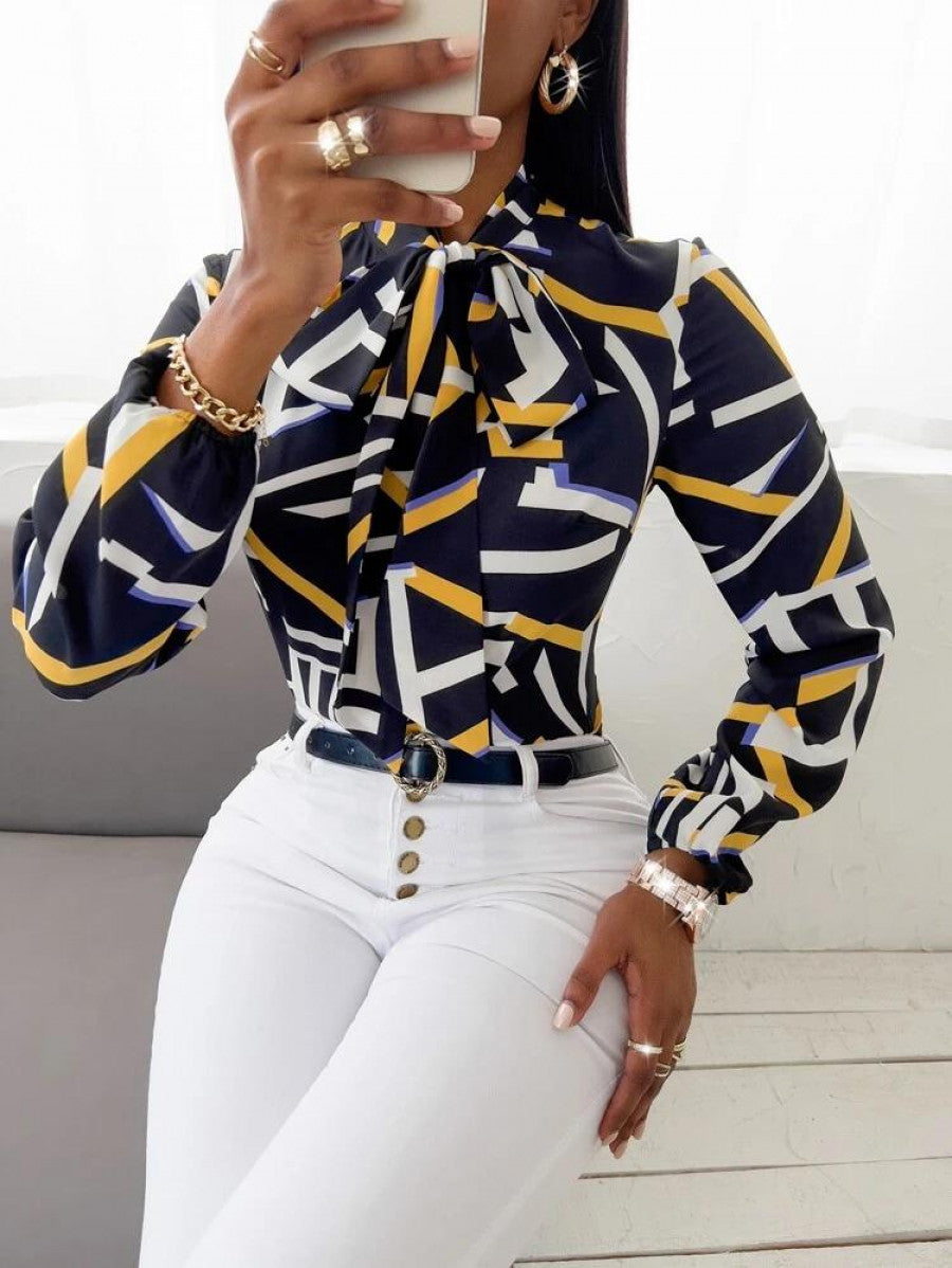 SXY Geo Print Tie Neck Blouse