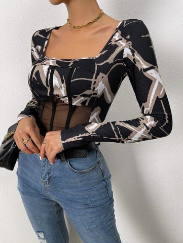 Mesh Insert Graphic Print Crop Tee