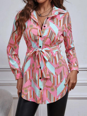 SXY Chain & Striped Print Belted Blouse