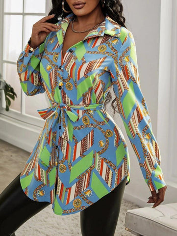 SXY Chain & Striped Print Belted Blouse