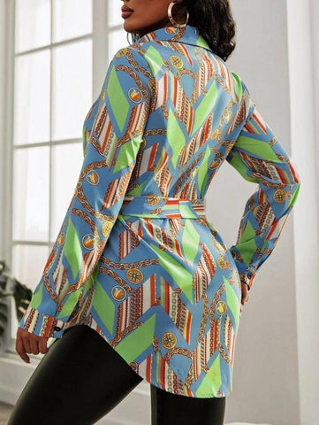 SXY Chain & Striped Print Belted Blouse