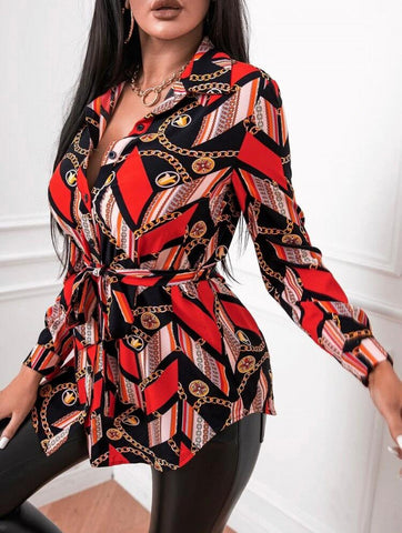 SXY Chain & Striped Print Belted Blouse