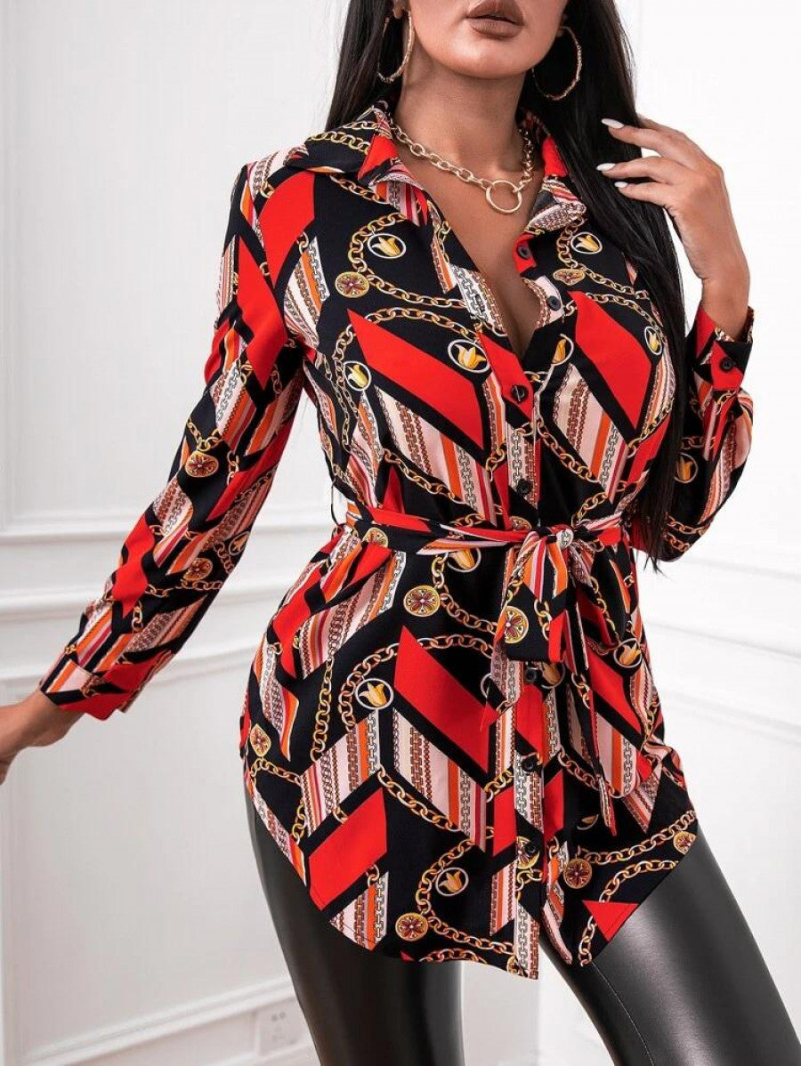 SXY Chain & Striped Print Belted Blouse