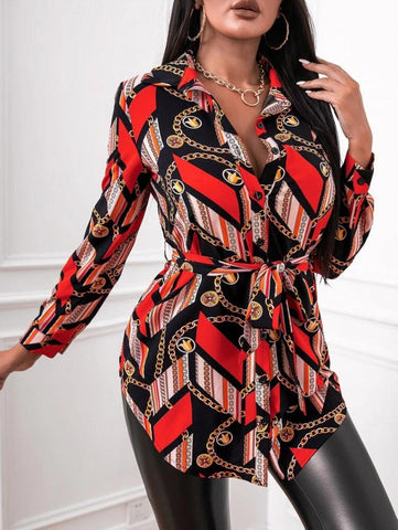 SXY Chain & Striped Print Belted Blouse