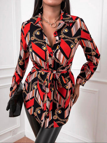 SXY Chain & Striped Print Belted Blouse