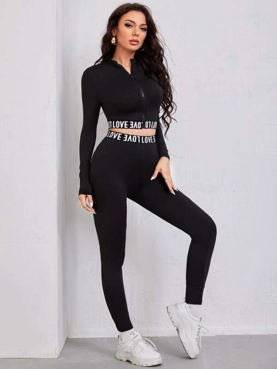 Letter Graphic Crop Jacket & Leggings