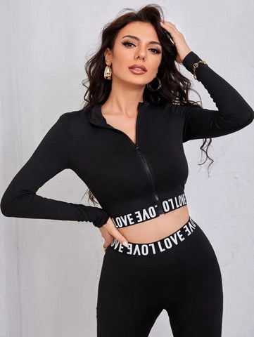 Letter Graphic Crop Jacket & Leggings