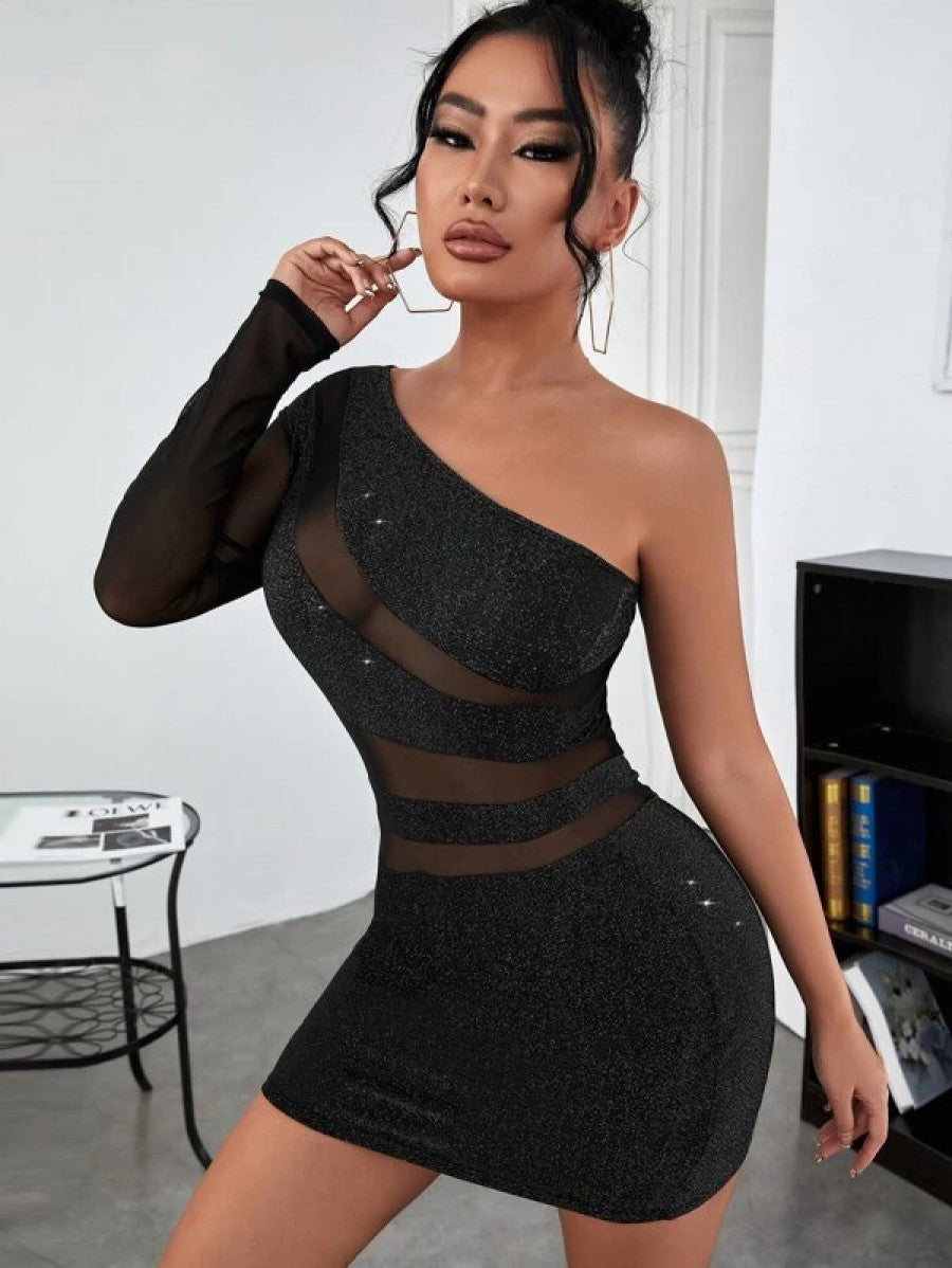 SXY Glitter Contrast Mesh One Shoulder Dress