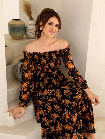 Floral Print Off Shoulder Shirred Flounce Sleeve Layered Hem Dress