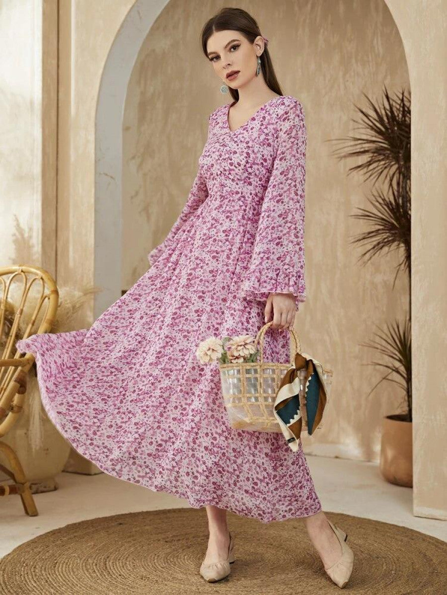 Ditsy Floral Flounce Sleeve A-line Dress