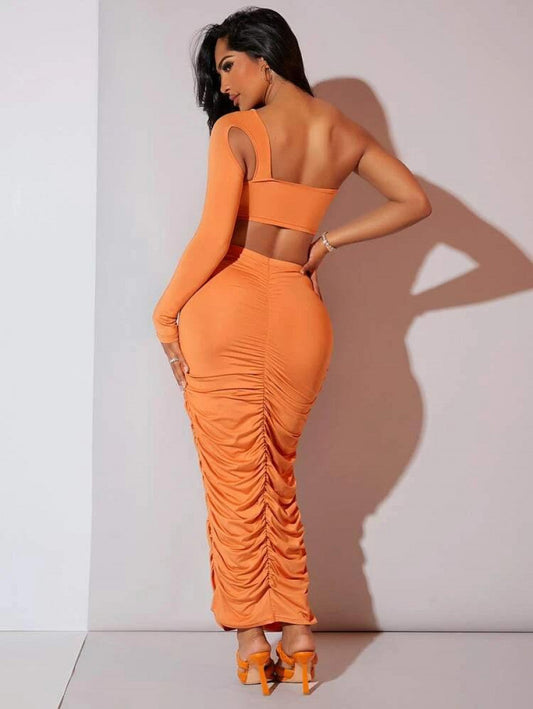 SXY One Shoulder Ring Linked Cut Out Crop Top & Ruched Pencil Skirt