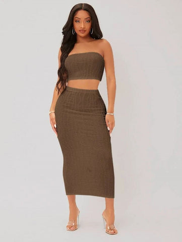SXY Textured Crop Tube Top & Pencil Skirt Set