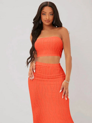 SXY Textured Crop Tube Top & Pencil Skirt Set