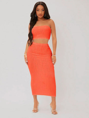 SXY Textured Crop Tube Top & Pencil Skirt Set