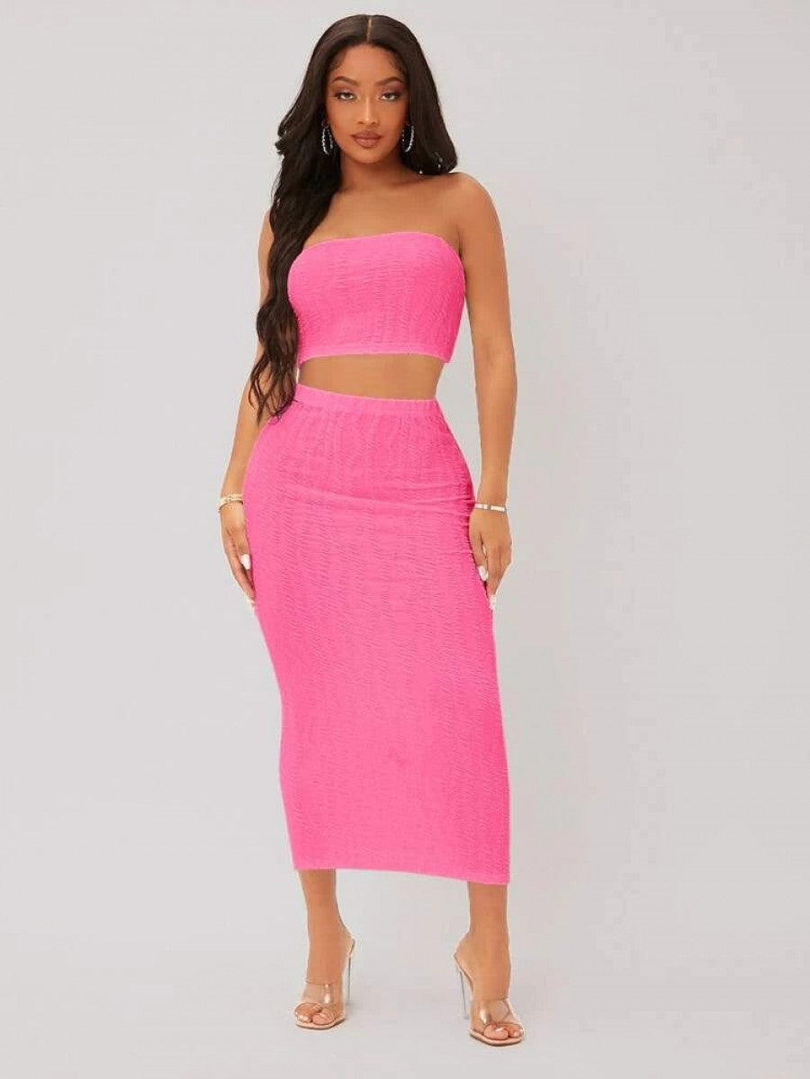 SXY Textured Crop Tube Top & Pencil Skirt Set