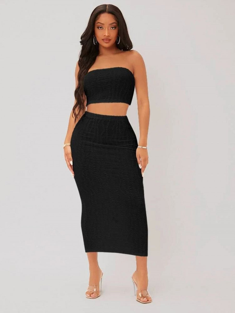 SXY Textured Crop Tube Top & Pencil Skirt Set
