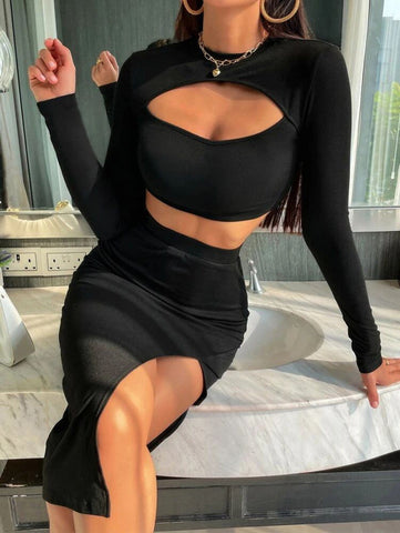 Cut Out Crop Tee & High Waist Split Thigh Skirt