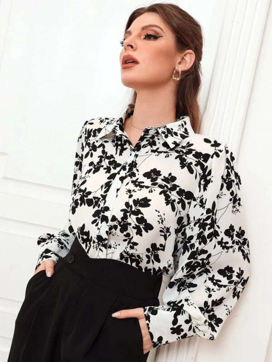 Floral Print Puff Sleeve Chiffon Blouse